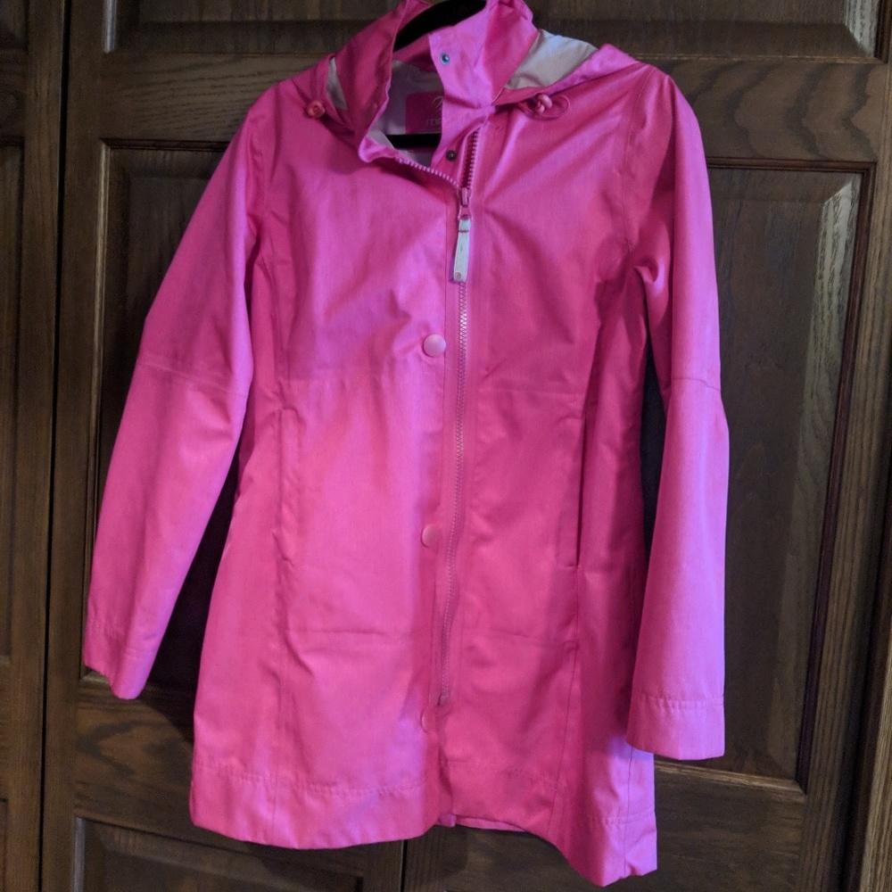 Pink hooded rain jacket